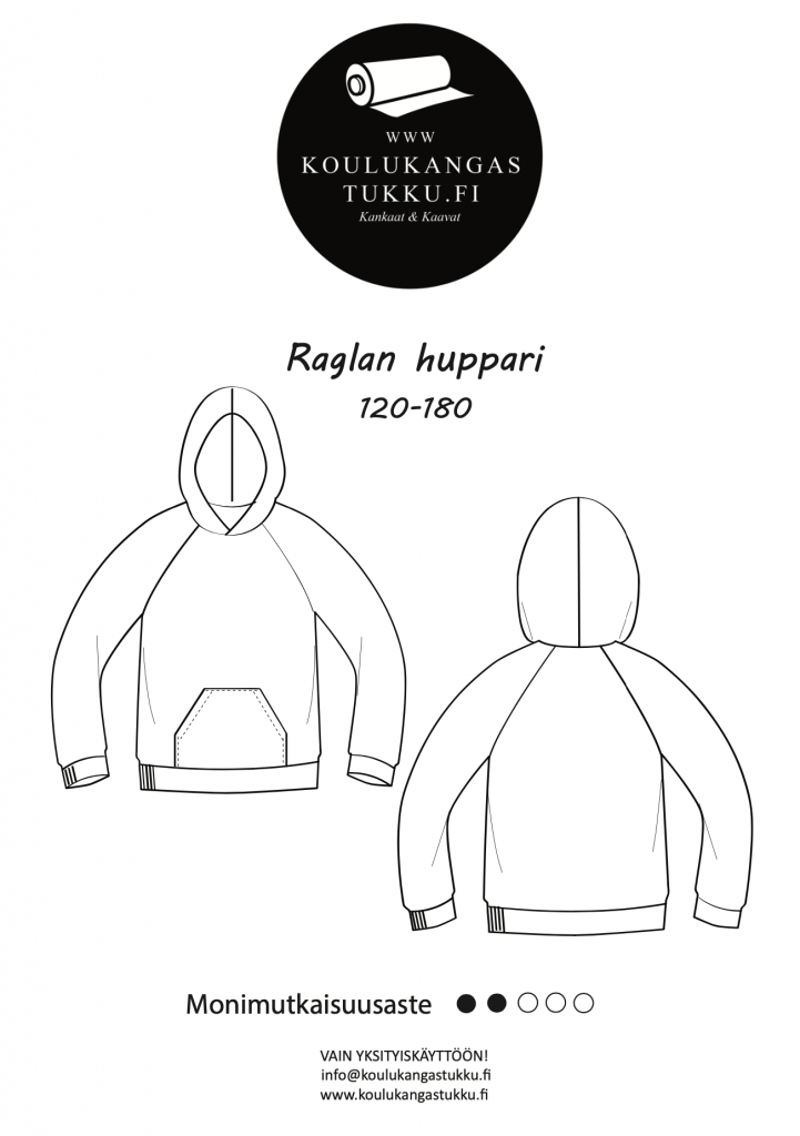 KA-100 Raglan Huppari kaava, Koot 120-180cm